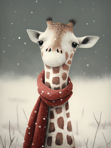 Arts numériques intitulée "Giraffe in Winter 1" par Bilge Paksoylu, Œuvre d'art originale, Image générée par l'IA