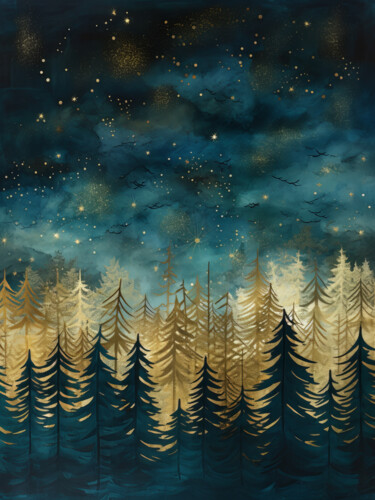 Arte digital titulada "Teal and Gold Forest" por Bilge Paksoylu, Obra de arte original, Imagen generada por IA