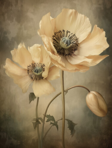 Digitale Kunst mit dem Titel "Beige Poppies 20" von Bilge Paksoylu, Original-Kunstwerk, KI-generiertes Bild