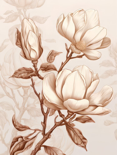 Digitale Kunst getiteld "Beige Flowers 1" door Bilge Paksoylu, Origineel Kunstwerk, AI gegenereerde afbeelding