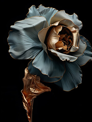 Digital Arts titled "Blue Gold Flower" by Bilge Paksoylu, Original Artwork, AI generated image