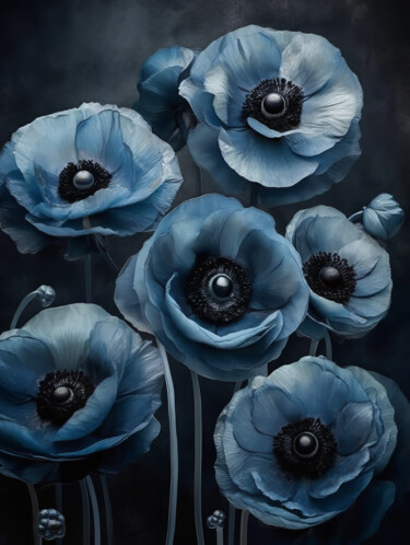 Arte digitale intitolato "Blue Bold Flowers" da Bilge Paksoylu, Opera d'arte originale, Immagine generata dall'IA