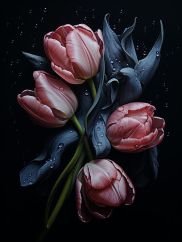 Digitale Kunst getiteld "Red Pink Tulips 3" door Bilge Paksoylu, Origineel Kunstwerk, AI gegenereerde afbeelding