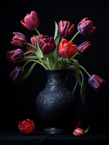 Digital Arts titled "Red Purple Tulips" by Bilge Paksoylu, Original Artwork, AI generated image