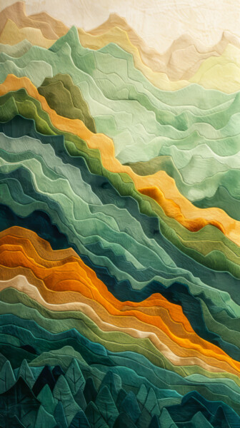Digitale Kunst getiteld "Geometric Landscape…" door Bilge Paksoylu, Origineel Kunstwerk, AI gegenereerde afbeelding