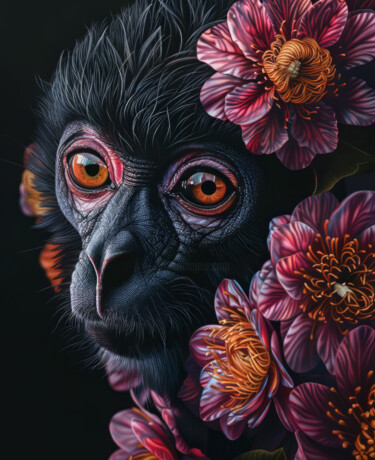 Digital Arts titled "Monkey with Flowers" by Bilge Paksoylu, Original Artwork, AI generated image