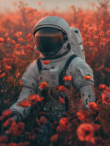 Digitale Kunst mit dem Titel "Astronaut in poppies" von Bilge Paksoylu, Original-Kunstwerk, KI-generiertes Bild