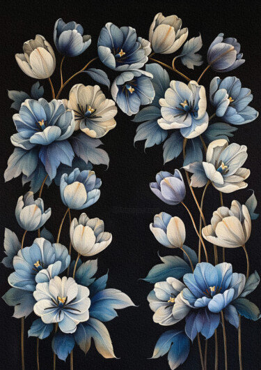 Digital Arts titled "Blue White Flowers" by Bilge Paksoylu, Original Artwork, AI generated image