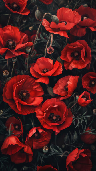 Arte digital titulada "Vertical Poppy Field" por Bilge Paksoylu, Obra de arte original, Imagen generada por IA