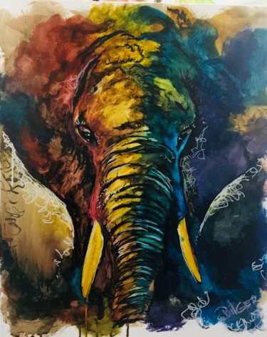 Painting titled "« Éléphant »" by Franck Bilger, Original Artwork, Ink Mounted on Wood Stretcher frame