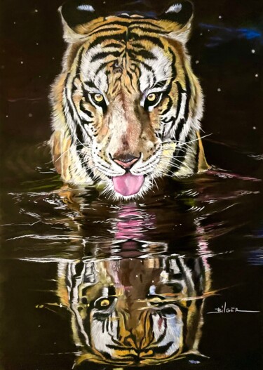 Tekening getiteld "« Le tigre et l’eau…" door Franck Bilger, Origineel Kunstwerk, Pastel