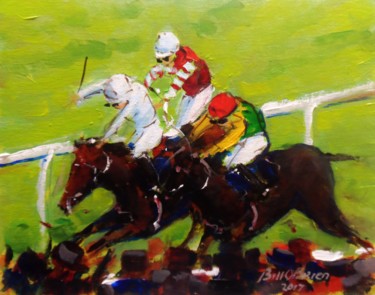 Painting titled "horse-racing-punche…" by Bill O'Brien, Original Artwork, Oil Mounted on Cardboard