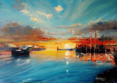 Peinture intitulée "Dawn on Dublin Docks" par Bill O'Brien, Œuvre d'art originale, Huile