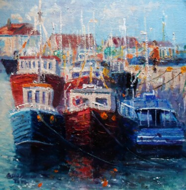 Painting titled "Howth Trawlers Dubl…" by Bill O'Brien, Original Artwork, Oil Mounted on Other rigid panel