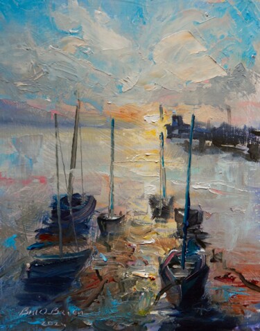 Schilderij getiteld "Skerries Harbour Du…" door Bill O'Brien, Origineel Kunstwerk, Olie