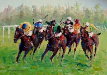 Painting titled "Horse Racing, Galwa…" by Bill O'Brien, Original Artwork, Oil Mounted on Cardboard