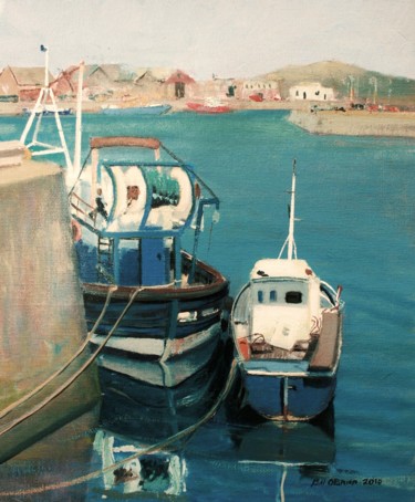 Peinture intitulée "Blue Boats Howth" par Bill O'Brien, Œuvre d'art originale, Huile