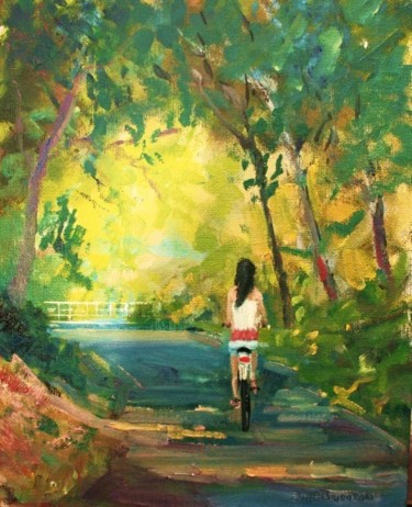 Painting titled "Girl on a Bike St.…" by Bill O'Brien, Original Artwork, Oil