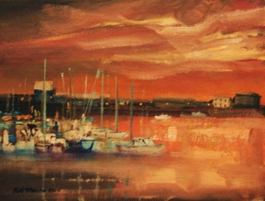Painting titled "Howth Harbour Dusk" by Bill O'Brien, Original Artwork, Oil