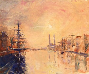Painting titled "Dublin Port Morn." by Bill O'Brien, Original Artwork, Oil