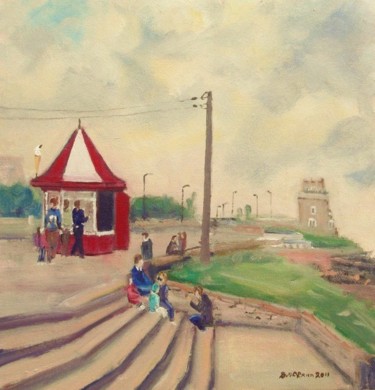 Painting titled "Sunday at the Kiosk" by Bill O'Brien, Original Artwork, Oil