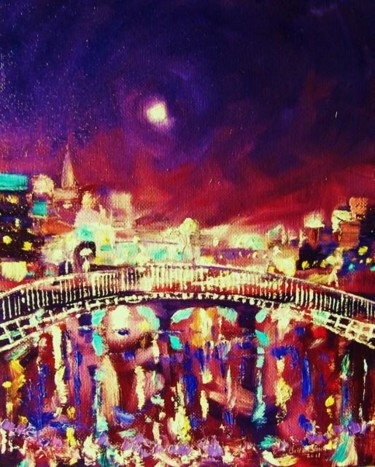 Schilderij getiteld "Halfpenny Bridge Ni…" door Bill O'Brien, Origineel Kunstwerk, Olie