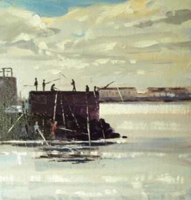 Painting titled "West Pier Fishing" by Bill O'Brien, Original Artwork, Oil