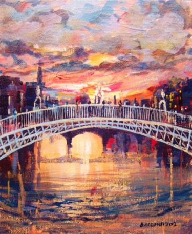 Schilderij getiteld "Hapenny Bridge Nigh…" door Bill O'Brien, Origineel Kunstwerk, Olie