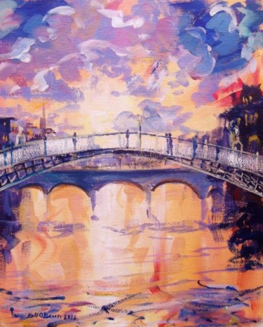 Painting titled "Hapenny Bridge Aglow" by Bill O'Brien, Original Artwork, Oil