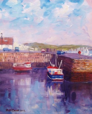Painting titled "Falmouth Quay Boats" by Bill O'Brien, Original Artwork, Oil Mounted on Cardboard