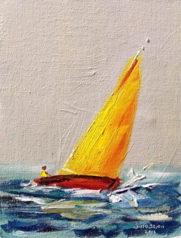 Painting titled "Yacht, Yellow on Gr…" by Bill O'Brien, Original Artwork, Oil