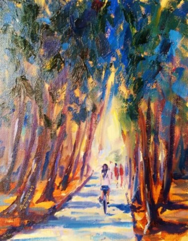 Painting titled "Cycle in the Park.…" by Bill O'Brien, Original Artwork, Oil