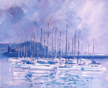 Schilderij getiteld "Yachts Howth Tonal" door Bill O'Brien, Origineel Kunstwerk, Olie