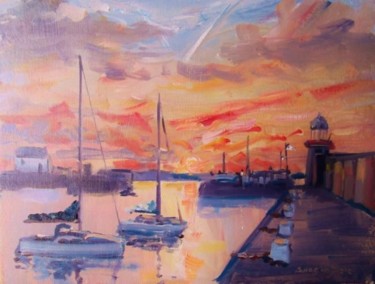 Painting titled "Howth Pier Evening" by Bill O'Brien, Original Artwork, Oil