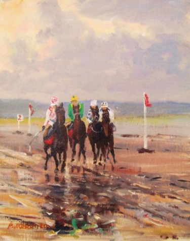 Painting titled "Horse Racing on Bea…" by Bill O'Brien, Original Artwork, Oil
