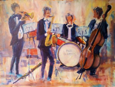Malarstwo zatytułowany „Jazz Quartet.” autorstwa Bill O'Brien, Oryginalna praca, Olej Zamontowany na Drewniana rama noszy