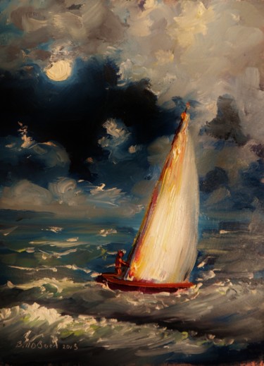 Painting titled "Yacht, Moonlight Cr…" by Bill O'Brien, Original Artwork, Oil