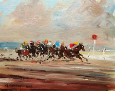 Painting titled "Horse Racing, by a…" by Bill O'Brien, Original Artwork, Oil