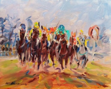 Painting titled "Horse Racing, Grey…" by Bill O'Brien, Original Artwork, Oil
