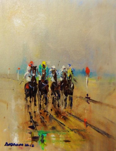 Painting titled "Horse Racing, Eveni…" by Bill O'Brien, Original Artwork, Oil