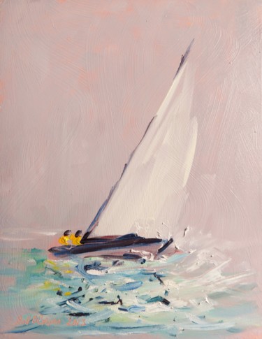 Painting titled "yacht-grey-dusk" by Bill O'Brien, Original Artwork, Oil