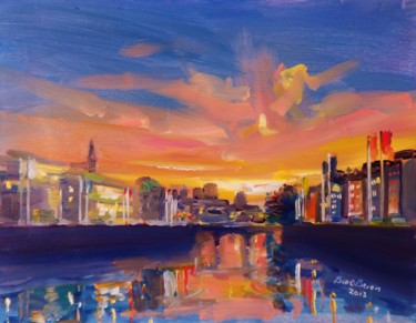 Peinture intitulée "Liffey Dublin Sunset" par Bill O'Brien, Œuvre d'art originale, Huile