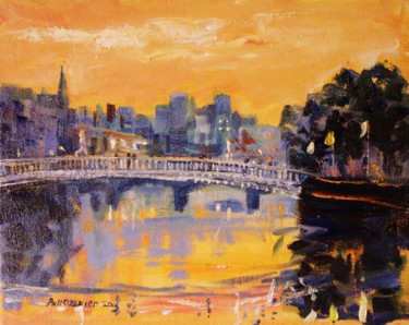 Painting titled "Liffey Autumn Sunset" by Bill O'Brien, Original Artwork, Oil