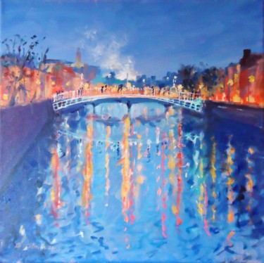 Peinture intitulée "Liffey Dublin Night…" par Bill O'Brien, Œuvre d'art originale, Huile