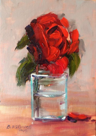 Painting titled "Red Rose in a Glass" by Bill O'Brien, Original Artwork, Oil