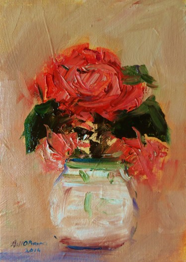 Painting titled "Pink Rose in a Vase" by Bill O'Brien, Original Artwork, Oil
