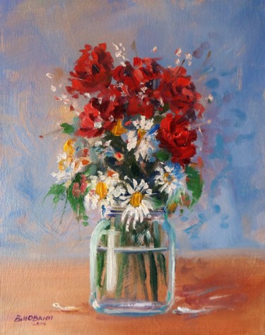 Painting titled "Roses and Daisies i…" by Bill O'Brien, Original Artwork, Oil