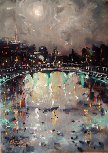 Painting titled "Hapenny Bridge Mist…" by Bill O'Brien, Original Artwork, Oil