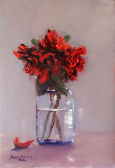 Pintura titulada "Roses in a Jam Jar." por Bill O'Brien, Obra de arte original, Oleo