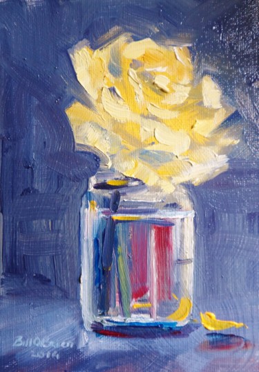 Painting titled "Single Yellow Rose…" by Bill O'Brien, Original Artwork, Oil